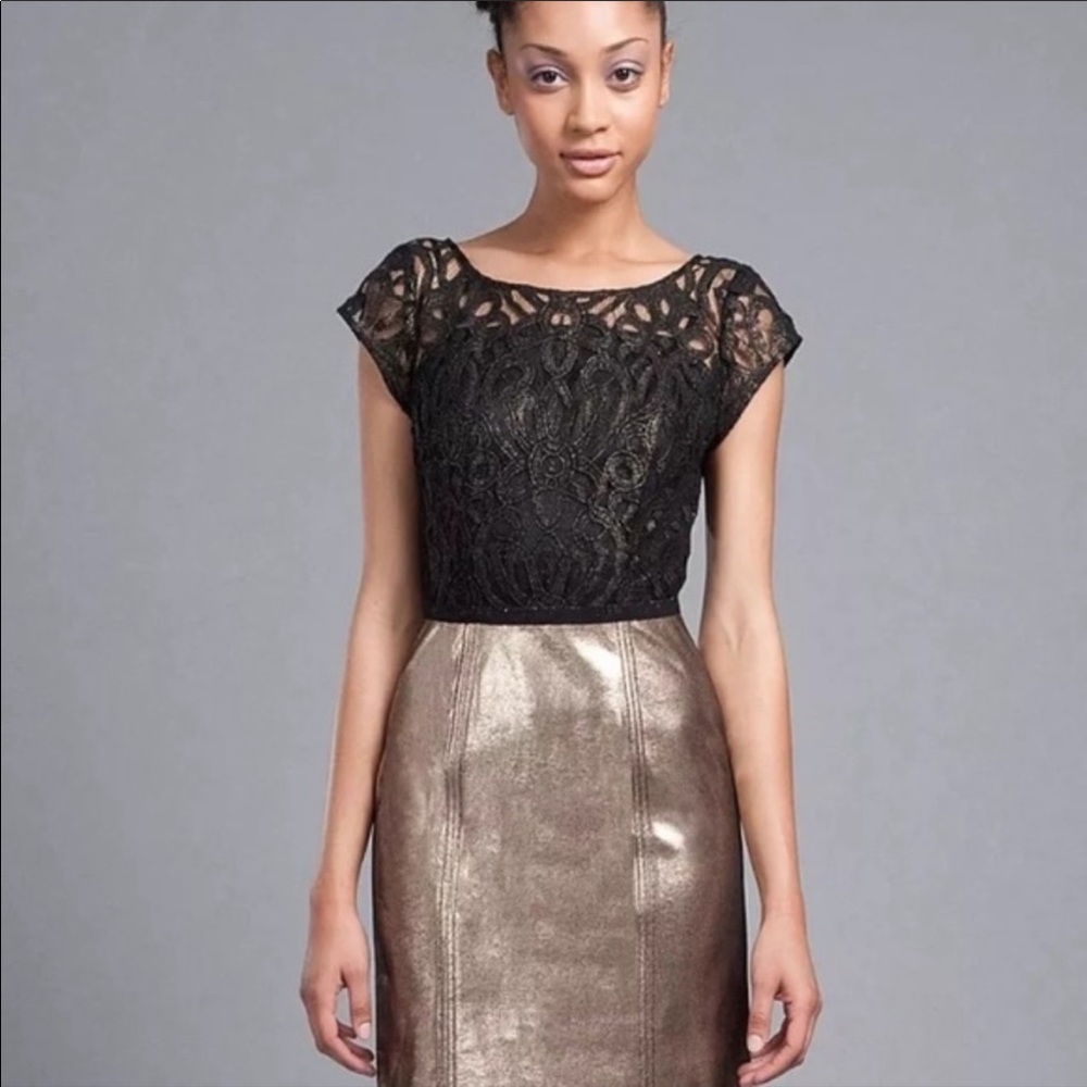 Frock by Tracy Reese Morgan holiday Dress gold leather and black lace Sz 6
